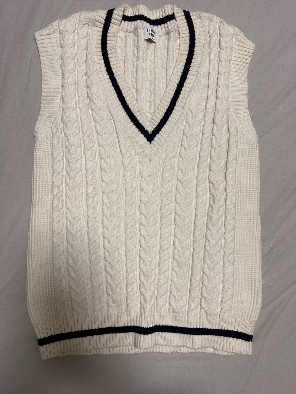 Sunday Best Cream Cable Knit V-Neck Sweater Vest with Navy Trim
